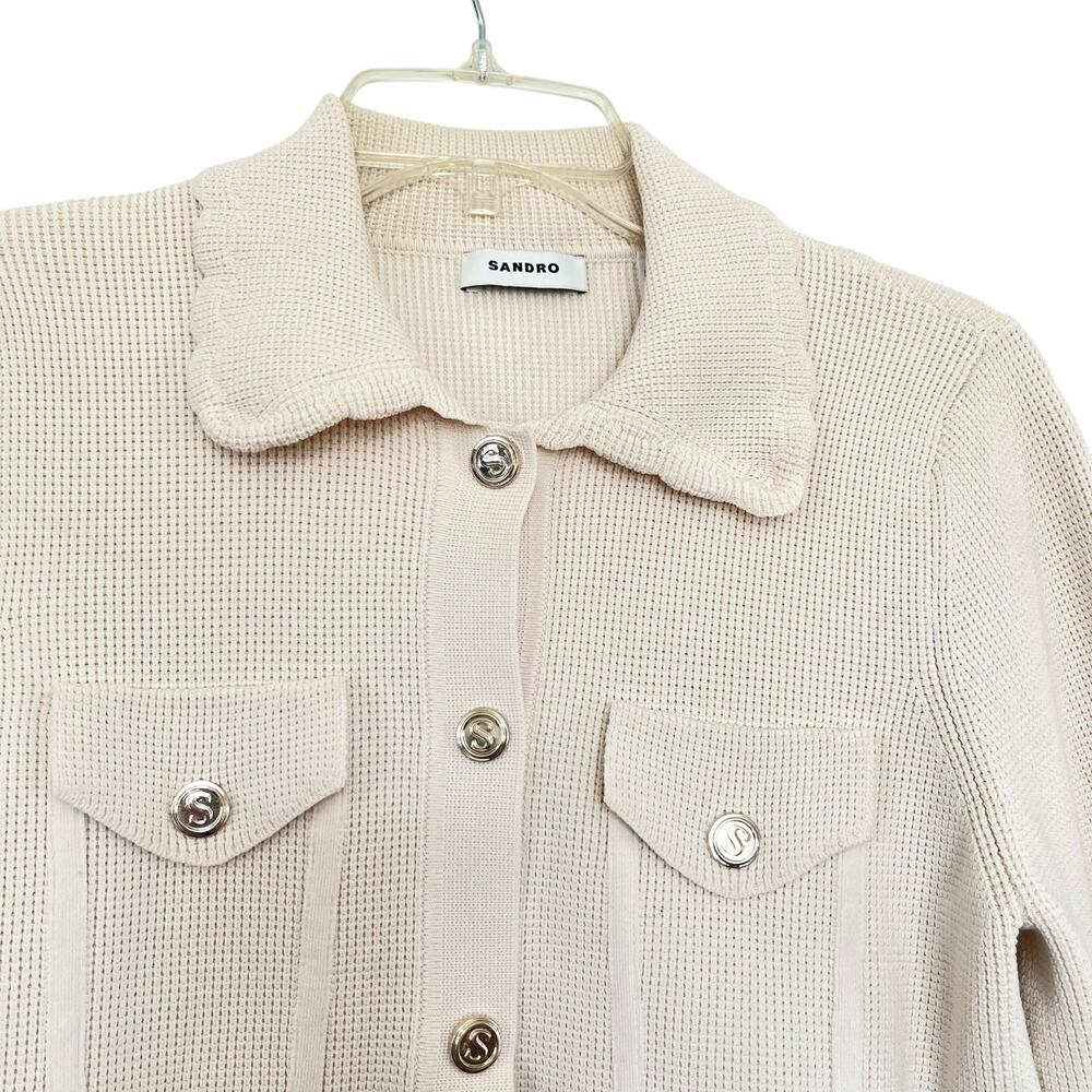 Sandro Paco Cream Waffle Knit Collared Button Front Cardigan Sweater Jacket - Picture 4 of 12